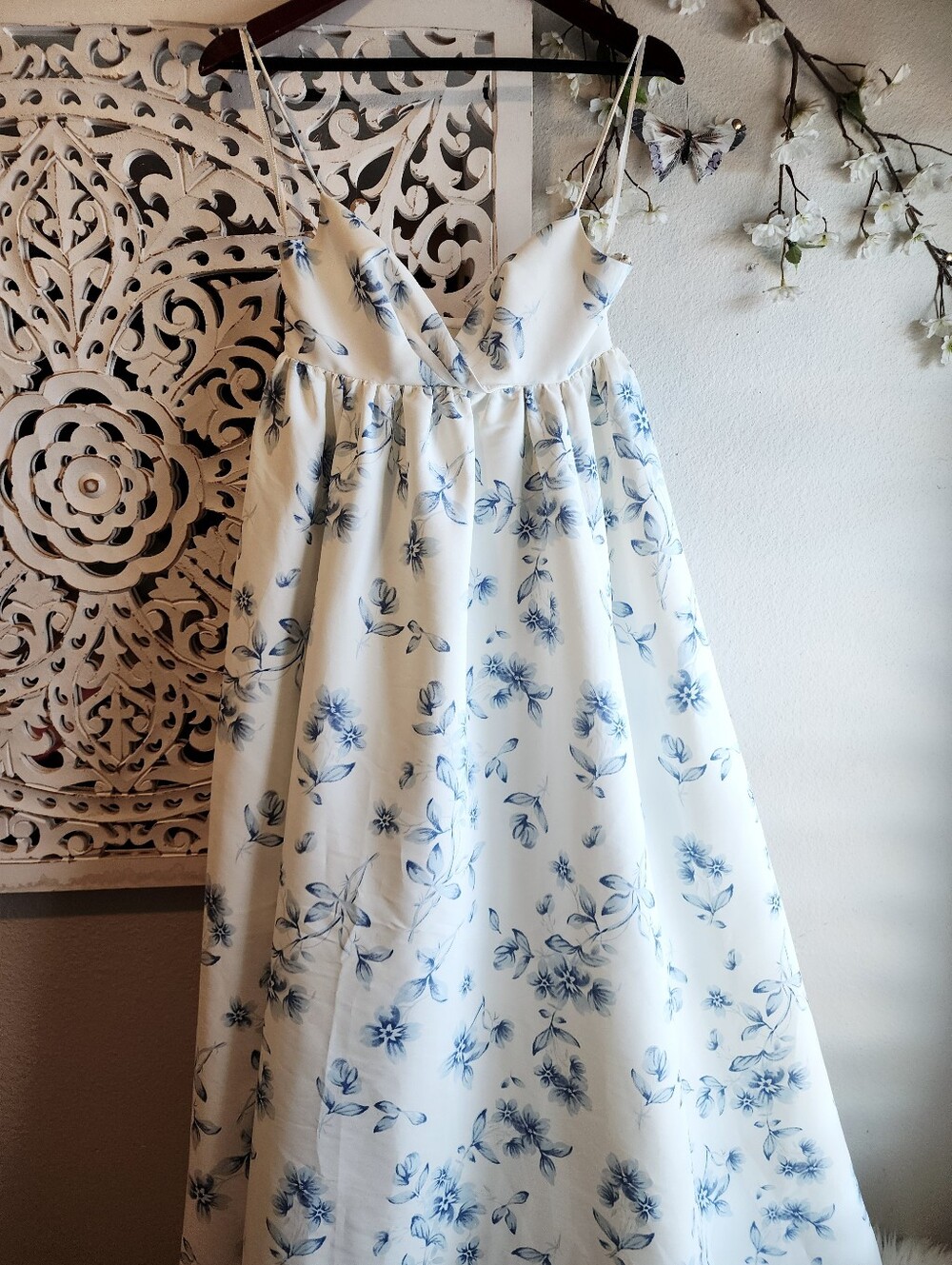 SACHI & BABI PALM WE LGOWN MAXI DRESS BLUE FORAL ADJUSTABLE STRAPS SIDE POCKETS - Picture 15 of 16